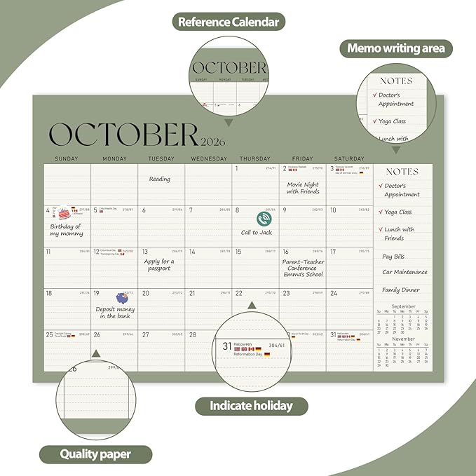 Calendar 2025-2026, Monthly Desktop Large Calendar (July 2025 - December 2026) Desk Wall Planner for Family Office Teacher School, 17" x 12" Green