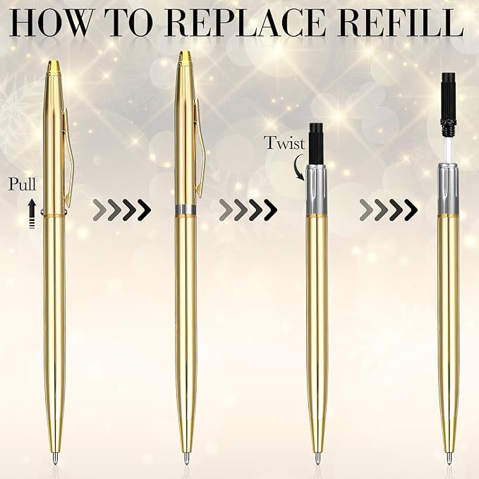 Fuutreo 12 Pack Wedding Gold Pens Bulk Gold Metal Pens Slim Ballpoint Retractable Ballpoint with Black Ink Mini Conical for Wedding Favors Guests, Office Business Teachers,1.0 mm