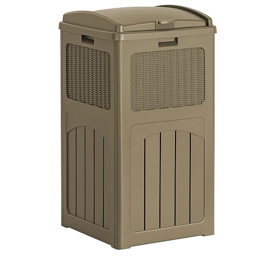 Flamaker 30 Gallon Trash Can, Resin Outdoor Garbage Can with Lid, Waterproof Hideaway Patio Waste Bins for Outside Use (Brown)