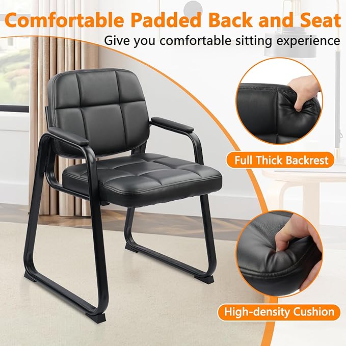 CLATINA Waiting Room Guest Chair with Bonded Leather Padded Arm Rest for Office Reception and Conference Desk Black with Sled Base