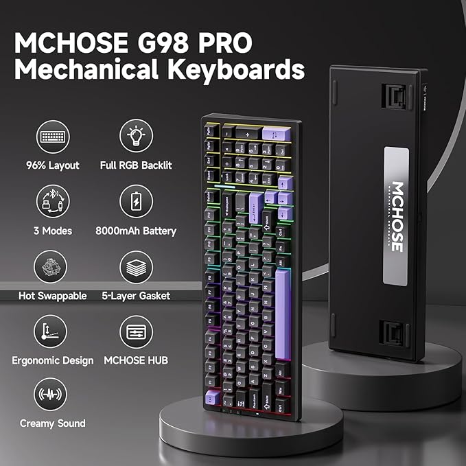 G98 PRO Wireless Mechanical Keyboard, Tri-Mode Connection Gaming Keyboard, Hot Swappable Custom Gasket Structure, Pre-lubed Linear Switches, Double Shot PBT Keycaps RGB LED Backlit Purple&Black