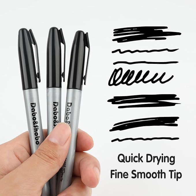 Dabo&Shobo Permanent Markers, 160 Pack Black Permanent Markers Bulk, Fine Tip, Quick Drying, Waterproof Markers, Work On Wood, Metal, Plastic, Stone, Glass For Office School Home