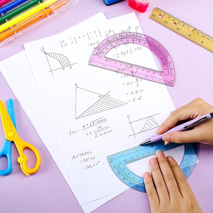 Ctosree 12 PCS Bulk Protractor - Plastic Translucent 180 Degrees 6 Inch Clear Math Protractor Set for Geometry, Angle Measurement, Office Stationery, Pink & Blue