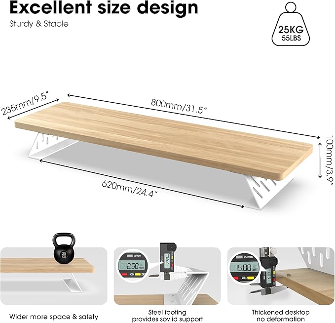 Fenge Monitor Stand Riser, Desk Top Shelf for 2 Monitors, Computer Stands for Desk, Wood & Steel Desktop Riser for Laptop, PC, Printer