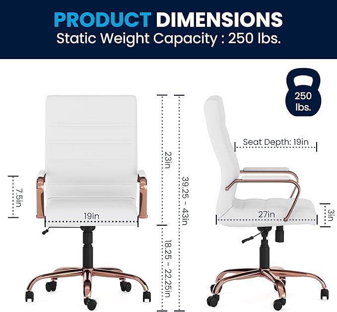 Flash Furniture Whitney High-Back Swivel LeatherSoft Desk Chair with Padded Seat and Armrests, Adjustable Height Padded LeatherSoft Office Chair, White/Rose Gold