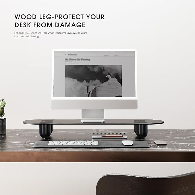 Fenge Monitor Stand Riser, 34 Inch Dual Monitor Riser for Large Monitors, Desk Organizer with Glass Shelf & Solid Wood Legs, Computer Stand for Laptop, TV, PC, Printer, Black