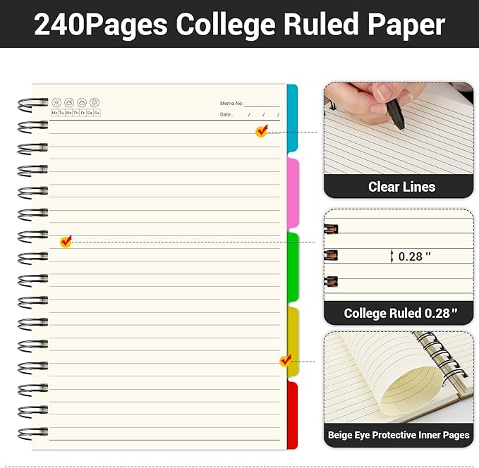 EUSOAR 5 Subject Spiral Notebook, 1pcs A4 11" x8-1/2 College Ruled Writing Pad, 100GSM 120Sheets/ 240Pages of Lined Paper, Thick Hardcover, for Traveling Students, Office and Business, Kraft