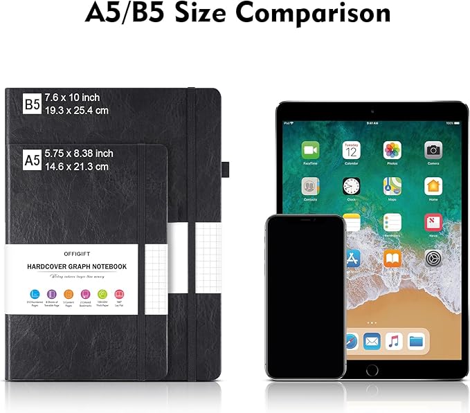 Graph Paper Notebook, 312 Numbered Pages B5 Hardcover Leather Journal, 100gsm No Bleed Grid Paper Notebook with Index Pages, Grid Notebook for Graphing Notes Math, 7.6'' X 10'', Black