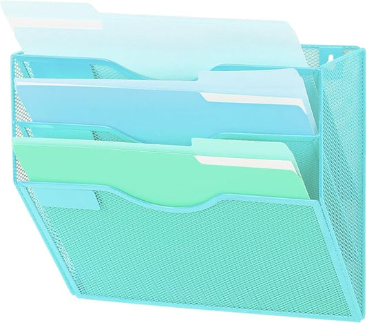 EASEPRES 3 Pocket Mesh Hanging Wall File Organizer, Wall Mounted Mail Paper Document Folder Holder, Clipboard Storage Organization Magazine Rack with Nametag Label for Office Home School, Blue