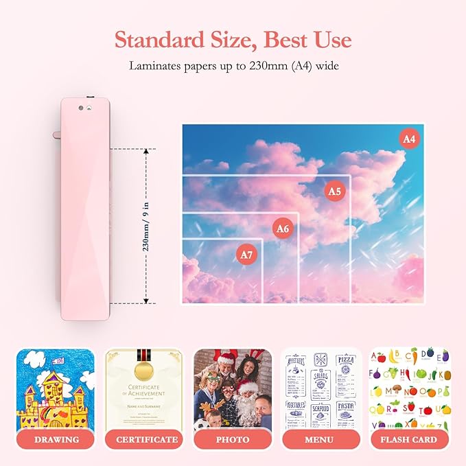 Crenova A4 Laminator Machine 4 in 1 Personal Desktop Hot & Cold with 10 Laminating Pouches No Bubbles 9 Inch Thermal Laminator for Home Office School Business Use Pink