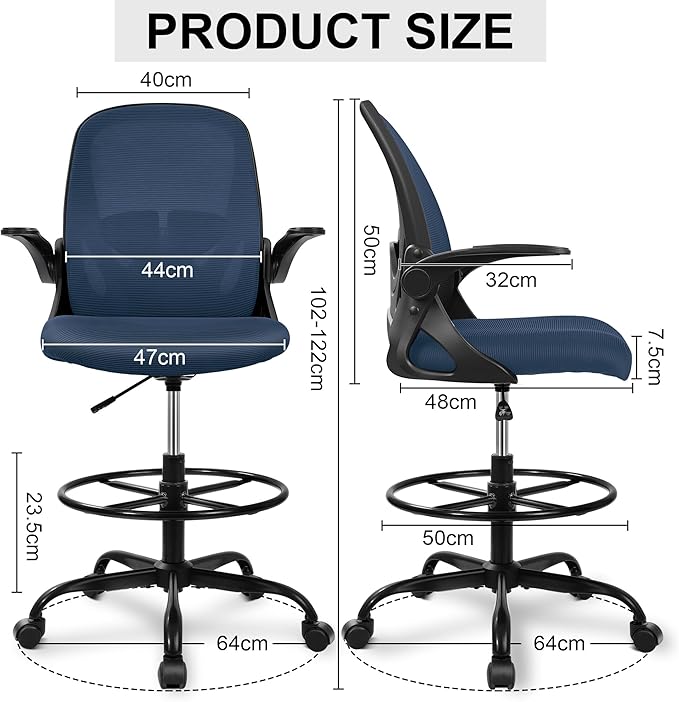 Drafting Chair, Tall Office Chair Ergonomic Standing Desk Chair,with Adjustable Footrest Ring, 3D Lumbar Support, Flip-up Armrests, Swivel Desk Stool for Drawing Working Navy