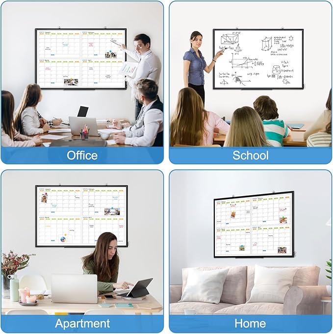 Dry Erase Calendar For Wall 4 Month, WALGLASS 36" x 24" Large Double-sided White Board Calendar, Dry Erase Monthly Planner Board, Black Aluminum Frame Hanging Wall Mounted Board for Office Home School