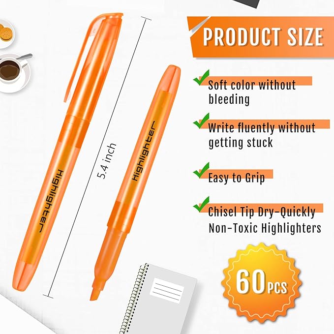Fuutreo 60 Pack Pastel Highlighters Bulk Bright Color Highlighter Marker Chisel Tip Dry Quickly Safe Highlighter Pens Fluorescent Ink for Adults Home School Office(Orange)