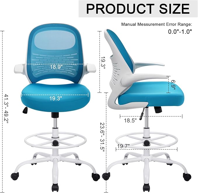 HYLONE Tall Drafting Chair Standing Desk Chair with Flip-Up Armrests, Adjustable Height Ergonomic Office Chair with Footrest Ring - High Stool Chair for Standing Desk (Blue)