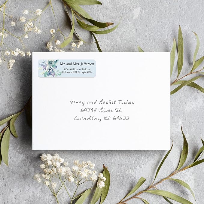 Blue Watercolor Floral Rolled Address Labels / 250 Personalized Return Address Labels/Designer Address Stickers in Elegant Plastic Dispenser