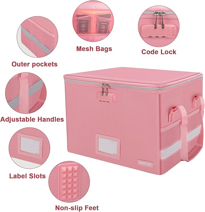 ENGPOW File Box with Lock, Fireproof Document Box with Pockets, Collapsible File Organizer Filing Storage Cabinet with Handle, Portable Home Office Safe for Hanging Letter/Legal Folders, Pink, 2 Pack
