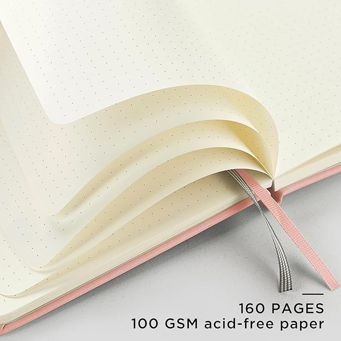 &And Per Se Dotted Journal Notebook, A5 Hardcover Leather Bullet Dotted Journal, 160 Pages 100 gsm Thick Dotted Paper，3 Sheets of Stickers Included - 5.7'' x 8''（Pink）