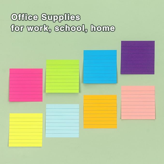 Eastern Wolf 8 Pads Lined Sticky Notes 3x3 Sticky Notes with Lines Self-Stick Note Pads 8 Bright Multi Colors, 85 Sheets/Pad