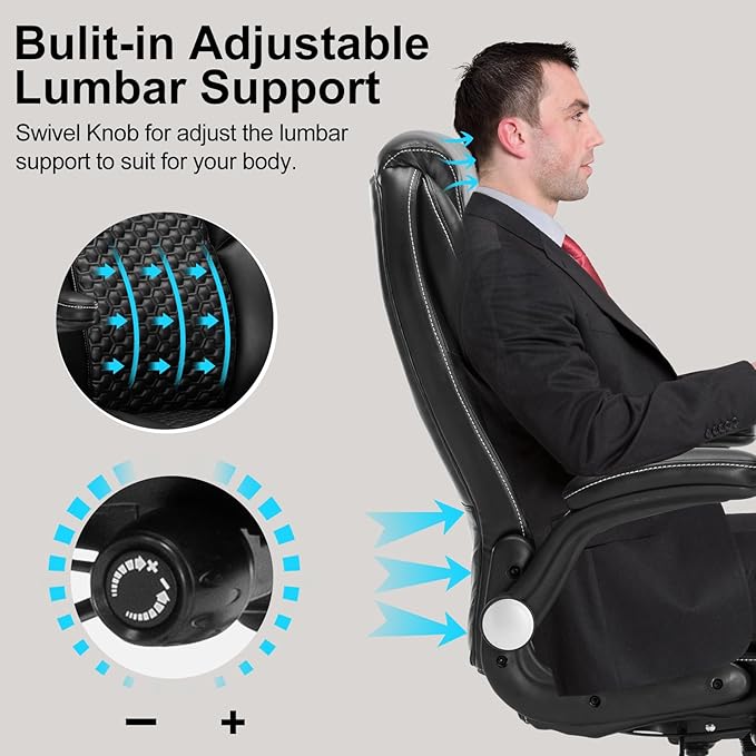 Home Office Chair, Executive Comeputer Desk Chair Ergonomic Office Chair with Adjustable Lumbar Support, Tilt Lock, PU Leather, Swivel Rolling Chair for Gaming Adult Working Study-Black
