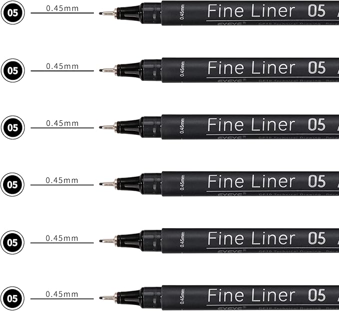 EYEYE Micro Pens, Black Drawing Art Pen,6 Pack 0.45mm Archival Pens Waterproof Ink Set Artist Supplies Archival Inking Markers Sketch Outline Pen, Precision Drawing and Sketching Kit