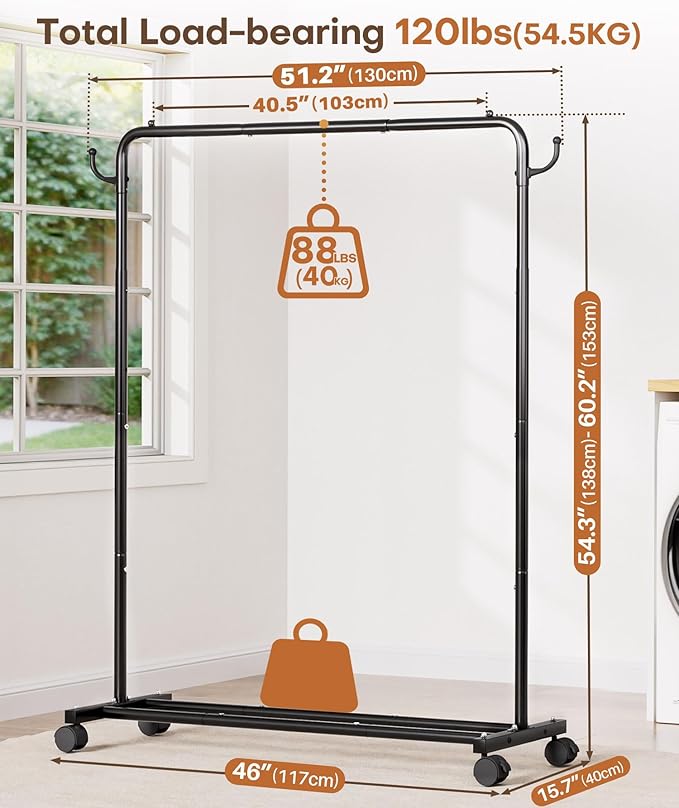 Homde Heavy Duty Clothes Rack: 120lb Standing Garment Storage for Indoor - Rolling Hanging Rod for Bedroom Laundry Room - Coat Dress Organizer on Wheels with luggage shelf (Black，46")