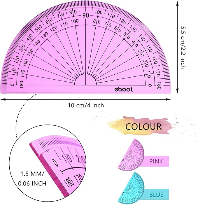 EBOOT 50 Pcs Math Protractors Plastic Protractor 180 Degrees, 4 Inches (Pink,Blue)
