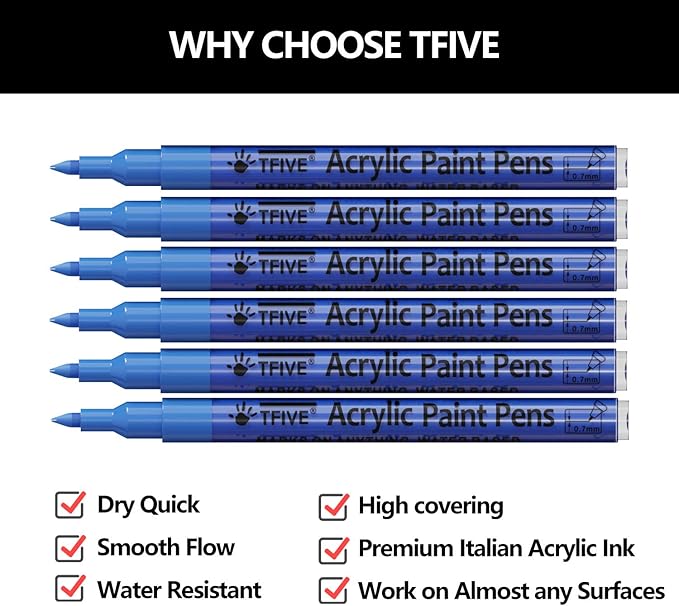 Blue Marker Paint Pens - 6 Pack Acrylic Blue Permanent Marker, 0.7mm Extra Fine Tip Paint Pen for Art projects, Drawing, Rock Painting, Stone, Ceramic, Glass, Wood, Plastic, Metal, Canvas DIY Crafts
