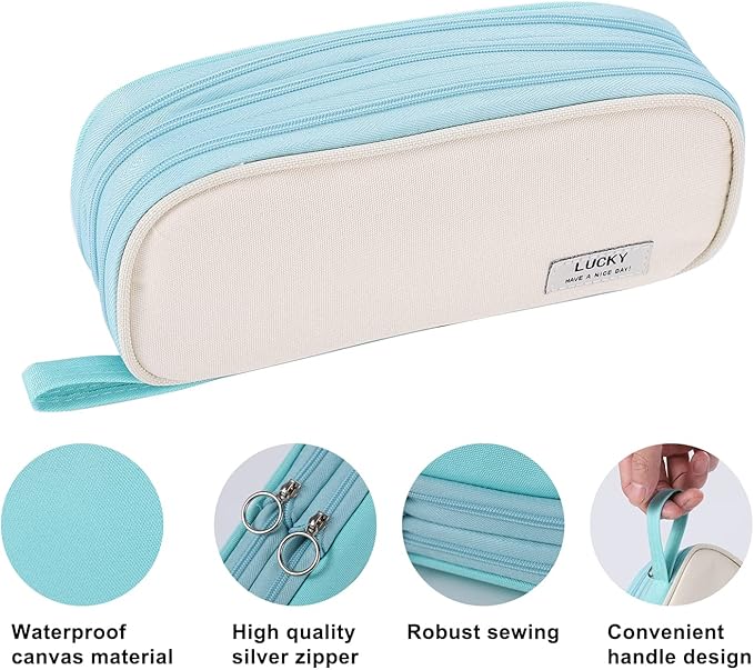 Big Pencil Case Zipper Pencil Pouch Organizer Large Capacity Pen Bag with Handle Portable for Girls Kids Adults Gift Pen Case for School Home Office Light-blue