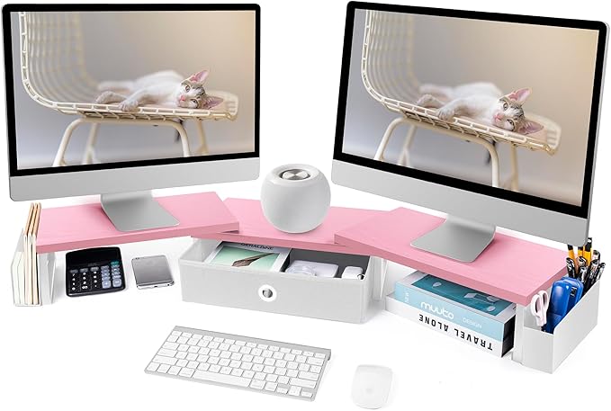 Dual Monitor Stand Riser With Drawer & Metal Leg, Large Desk Shelf For 2 Monitors w/ Adjustable Length & Angle, Desktop Organizer For Laptop/TV/Printer