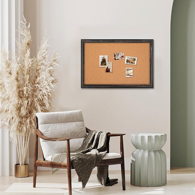 Cork Board Bulletin Board, 30" x 20" Corkboard for Wall, Rustic Black Wooden Frame, Decorative Hanging Pin Board for Home Office Room Decor, 10 Push Pins