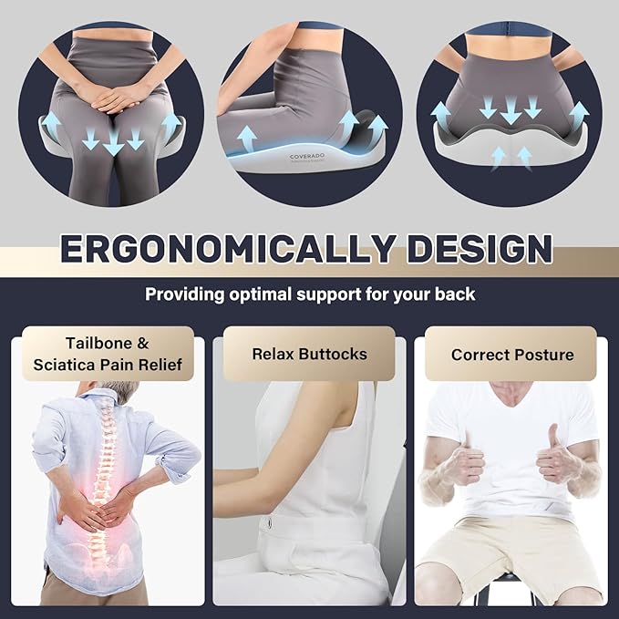 Coverado Car Seat Cushion for Car Seat Driver/Passenger, Memory Foam Seat Cushions for Office Chairs, Tailbone Pain Relief Cushion, Sciatica & Back Support Black&Gray