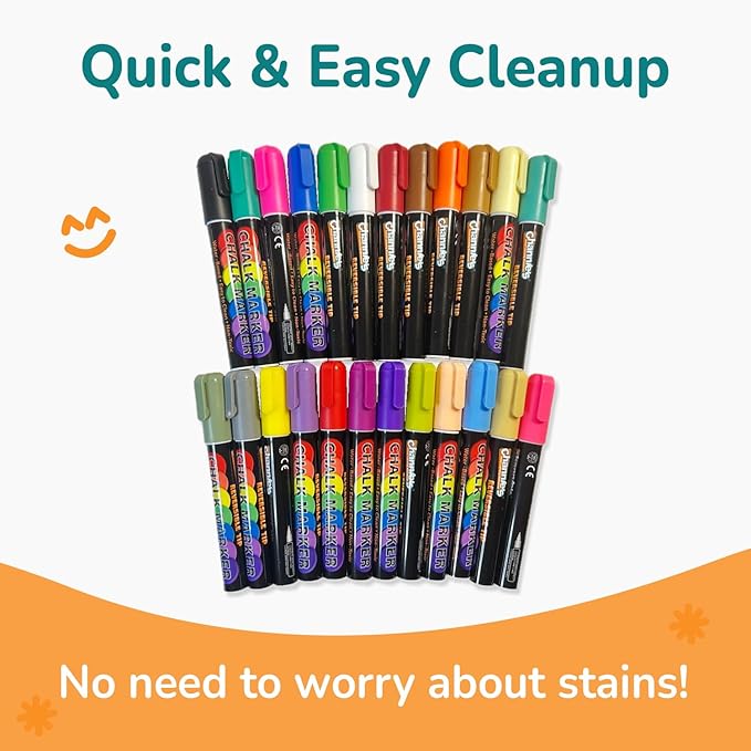 Channie's Liquid Chalk Markers, 24 Vibrant Colors, Dual-Tip Reversible Chisel & Round Tips, Works on Chalkboards, Glass, Mirrors & More, Easy to Wipe Off, Includes Labels & Tweezers