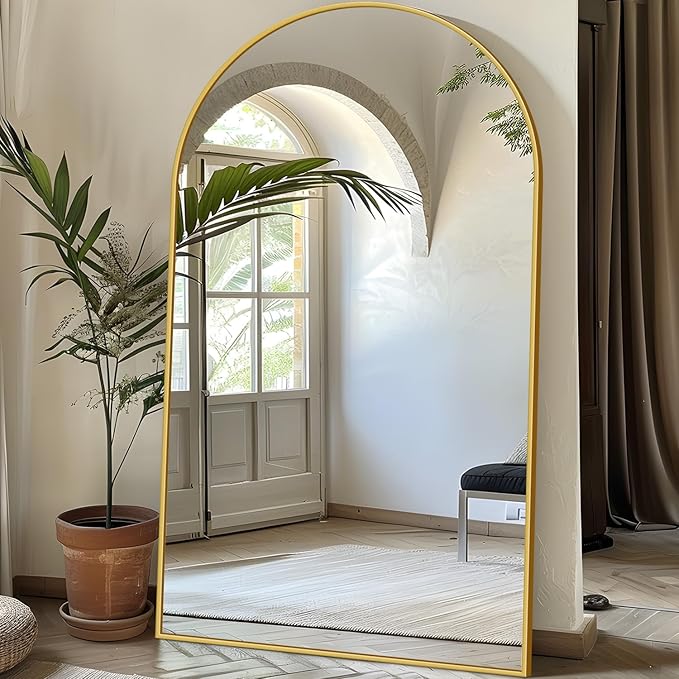 Full Length Mirror, 76"x44" Oversized Floor Mirror Freestanding, Full Body Mirror Floor Standing Mirrors with Stand, Hanging Mounted Mirrors for Bedroom Living Room, Gold, Arched Style