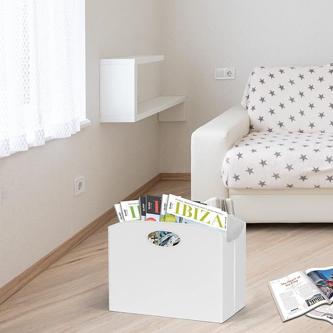 EZDeco Magazine Holder Foldable Magazine Rack Floor PU Leather File Holder Newspaper Book Storage Basket Document File Folder Organizer for Office Home (White-1)
