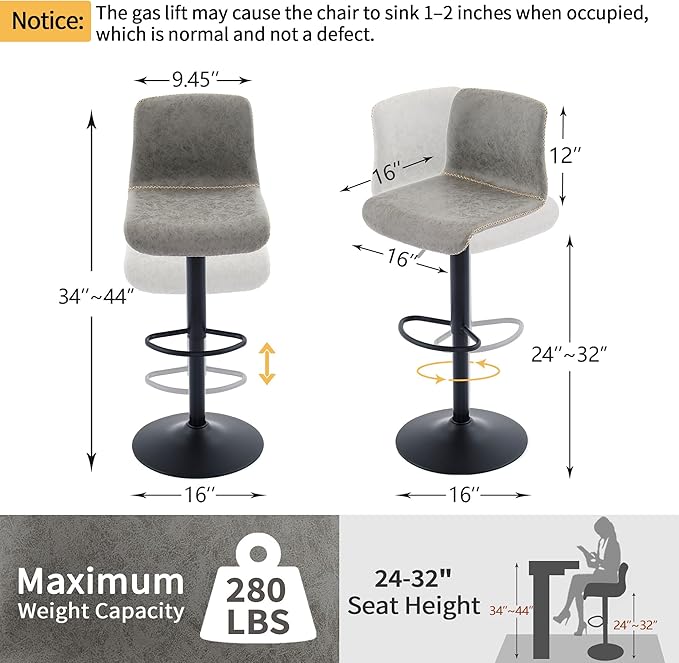 HeuGah Bar Stools Set of 3, Swivel Counter Height Barstools with Back, Adjustable Height 24" to 32", Gray Faux Leather Bar Chairs for Kitchen Island (Gray, Set of 3 (24'' to 32''))