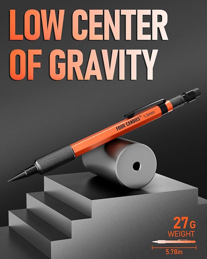 Four Candies 1.3mm Mechanical Pencil Set with 24 Lead Refills, Metal Weatherproof Heavy Duty Outdoor Carpenter Pencil, Eraser, 6 Eraser Refills for Architect Drafting Woodworking Marking with Case