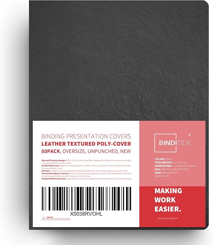Binditek 50 Pack 16 Mil Leather-Textured Heavyduty Polycovers, Oversize Plastic Binding Presentation Backs, with 2 Round Corners, 8-3/4 x 11-1/4", Black, Office School Supplies