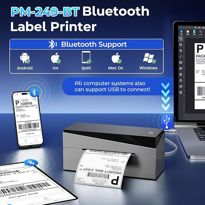 Bluetooth Shipping Label Printer 4x6, 249BT Thermal Label Printer 4x6 for Small Business, Shipping Packages, Office, Home, Compatible with Android iPhone iPad Windows macOS Chrome USPS Etsy