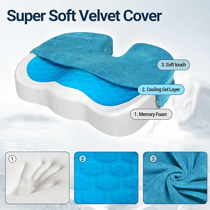 Gel Seat Cushion for Car Office - Memory Foam Pain Relief Chair Pillow Cushions - Tailbone Sciatica Coccyx Butt Lumbar Support Pad for Sitting Driving Traveling, Velvet, Blue