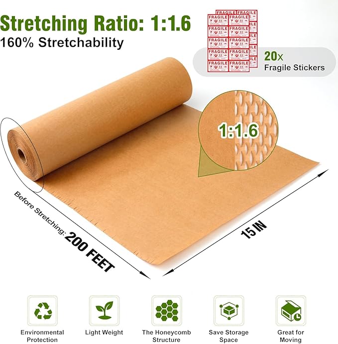 Honeycomb Packing Paper 15" Width X 200 FT for Moving Glass Dishes Recyclable Wrapping Paper Bubble Wrap Packing Material for Shipping Fragile Items Shipping Filler with 20 Fragile Stickers
