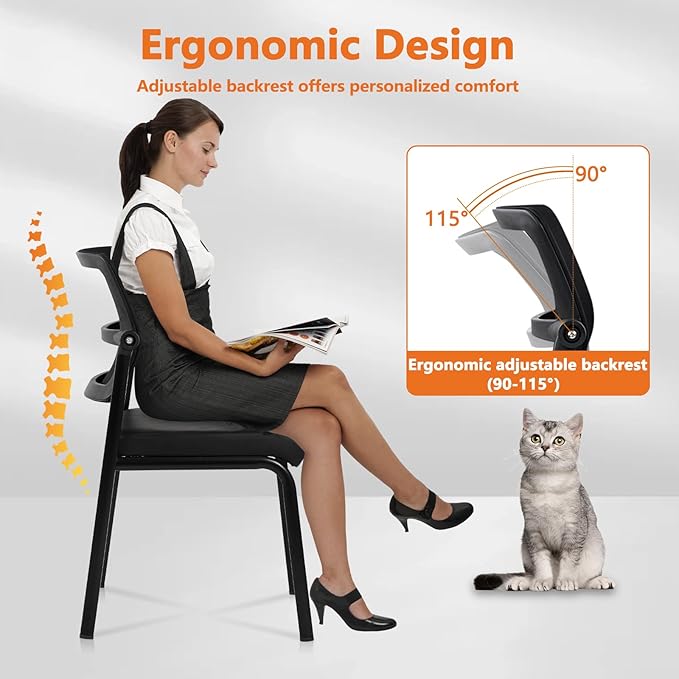 CLATINA Stacking Waiting Room Chairs, Adjustable Mesh Backrest Armless Office Guest Reception Chair with Leather Cushion and Ergonomic Lumbar Support for Conference Lobby Side School Classroom, 4PK