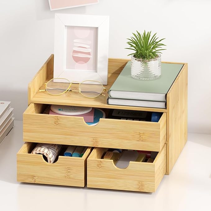Desk Organizer With Drawers - Bamboo Wood Desktop Mail Organizer Storage Box for Office Home Bathroom Vanity Dresser Top, No Assembly Required (3 Drawers)