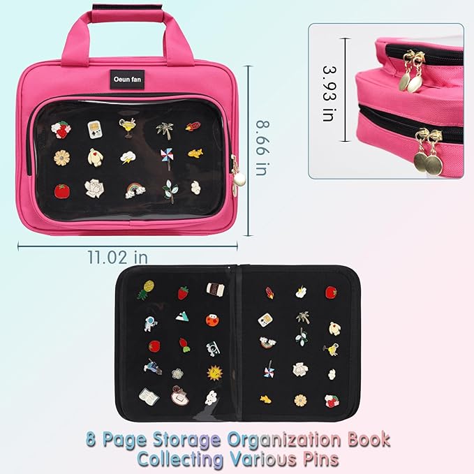 Enamel pin display bag, 8-page pin trading book, collectible pin board, suitable for storing pins, brooches, patches (pink)