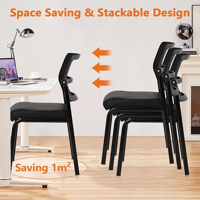 CLATINA Stacking Waiting Room Chairs, Adjustable Mesh Backrest Armless Office Guest Reception Chair with Leather Cushion and Ergonomic Lumbar Support for Conference Lobby Side School Classroom, 4PK