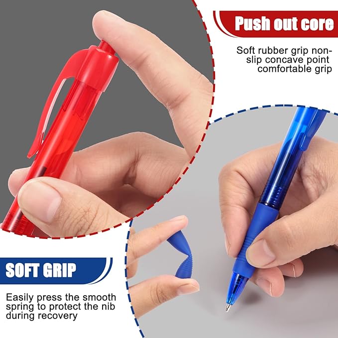 deegtran Pens Bulk, 50 Pack No Bleed Blue & Red Ink Click Pens with Soft Grip, Wholesale Retractable Ballpoint Pens for Office School, Medium Point Smooth 1.0MM