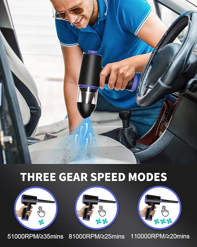 CLEVAST Compressed Air Duster - 3 Gear 110000RPM Electric Air Duster, 3 in 1 Versatile with LED - Cordless Dust Blower & Mini Vacuum & Inflating for PC, Computer, Keyboard, Rechargeable Canned Air