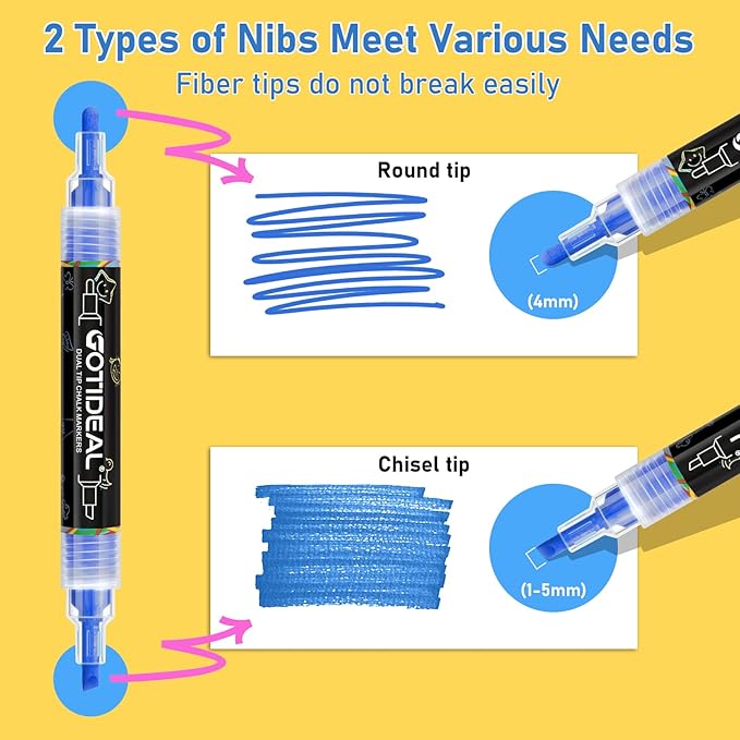 GOTIDEAL Chalk Markers Dual Tips,Erasable Liquid Chalk Marker for Blackboard,Washable Chalk Pens for Auto,Car,Glass,Mirror,Chalkboard,Window markers,24 Colors Chalk Board Markers with Metallic Colors