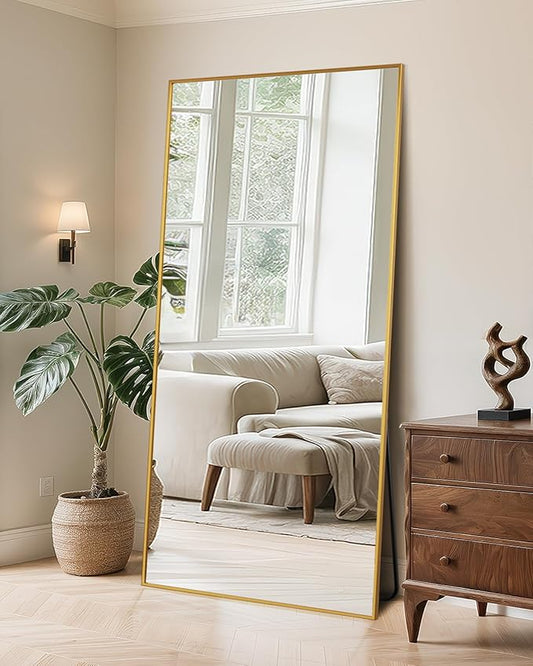 Full Length Mirror, 71"x28" Oversized Floor Mirror Freestanding, Full Body Mirror Floor Standing Mirrors with Stand, Hanging Mounted Mirrors for Bedroom Living Room, Gold, Rect Style