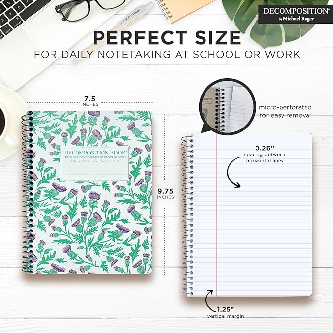 Decomposition Thistles College Ruled Spiral Notebook - 9.75 x 7.5 Journal with 160 Lined Pages - 100% Recycled Paper - Cute Notebooks for School Supplies, Home & Office - Made in USA