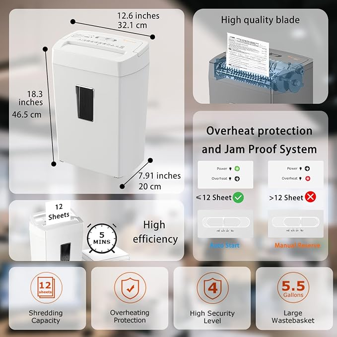 Bonsaii 12-Sheet Cross Cut Shredder, P-4 High Security Shredding, 5.5 Gal, Heavy Duty for Home Office, Shreds Paper, Credit Card, Mail, Staples, with Transparent Window, White